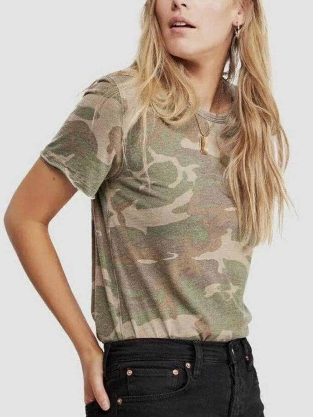 Free People Green Brown Camo Relaxed Fit Short Sleeve T-Shirt
